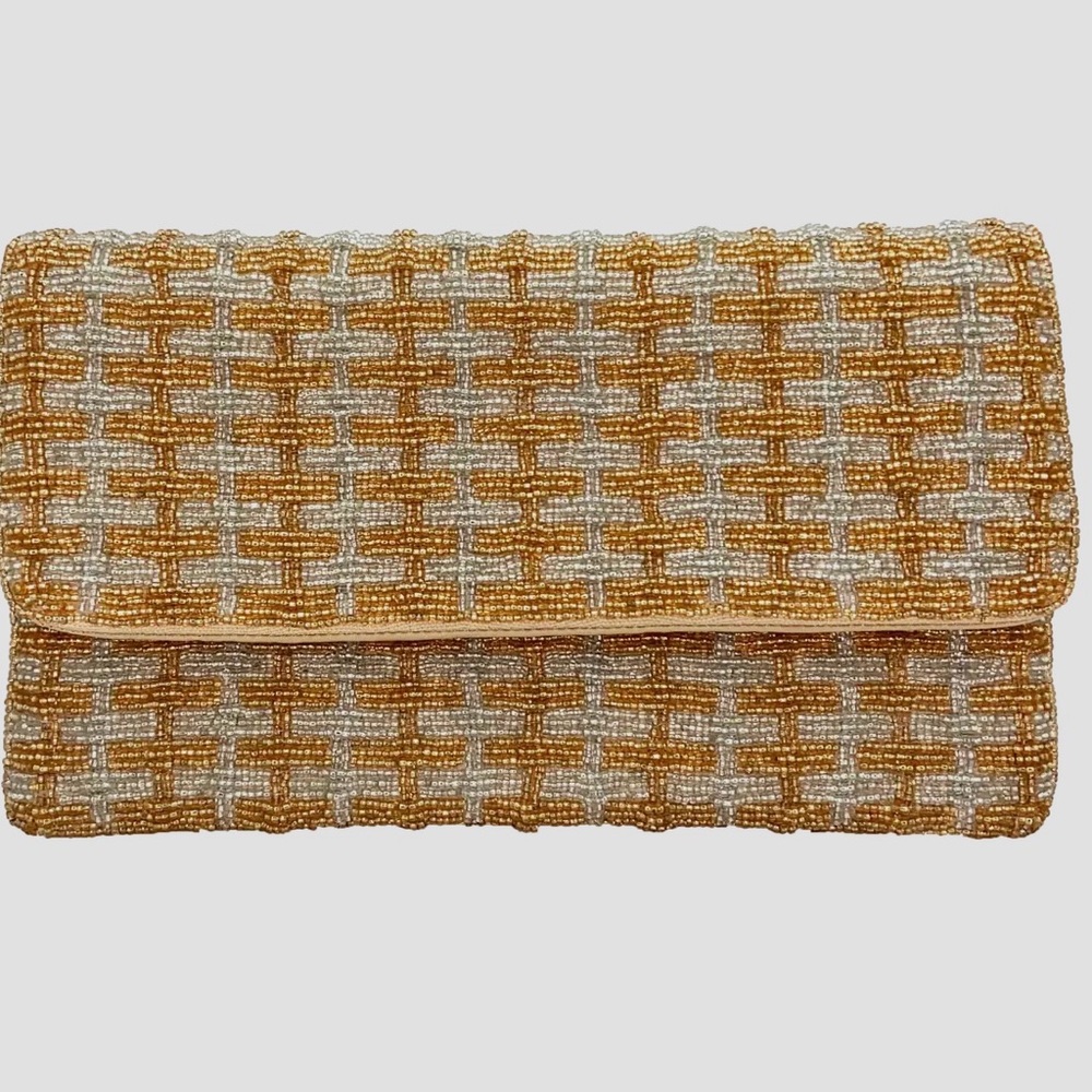 Elegant Gold and Silver Beaded Clutch